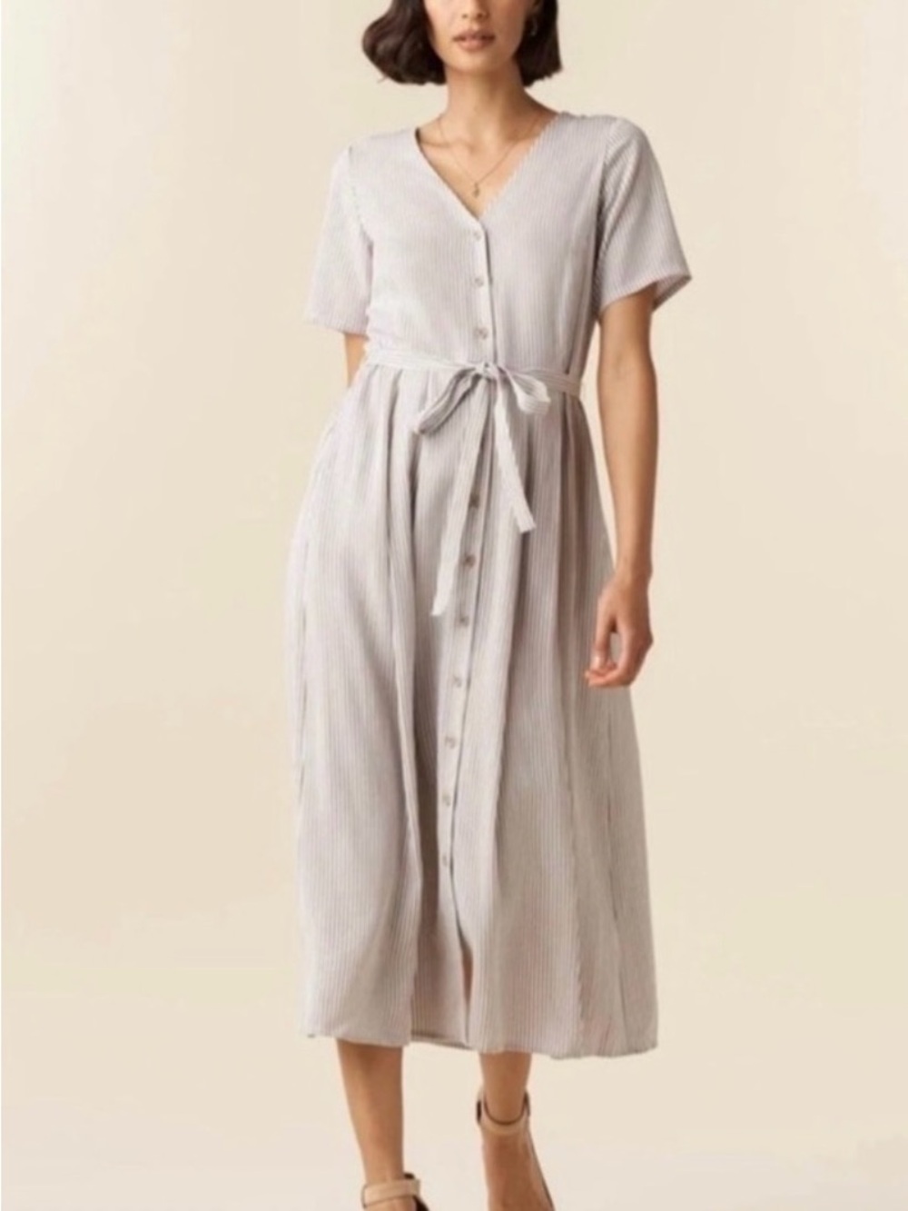 VETTA capsule taupe stripe button-front midi dress